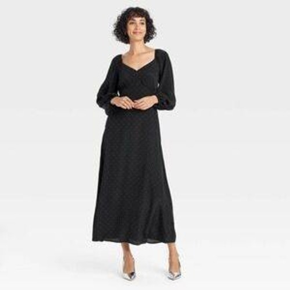 A New Day Polka Dot Maxi Dress Women XS Black Sweetheart Puff Sleeve Romantic